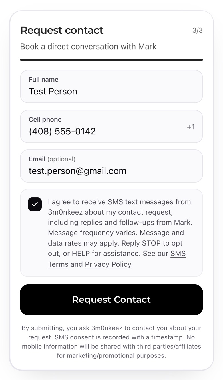 3m0nkeez contact form with the SMS consent box checked (test details)