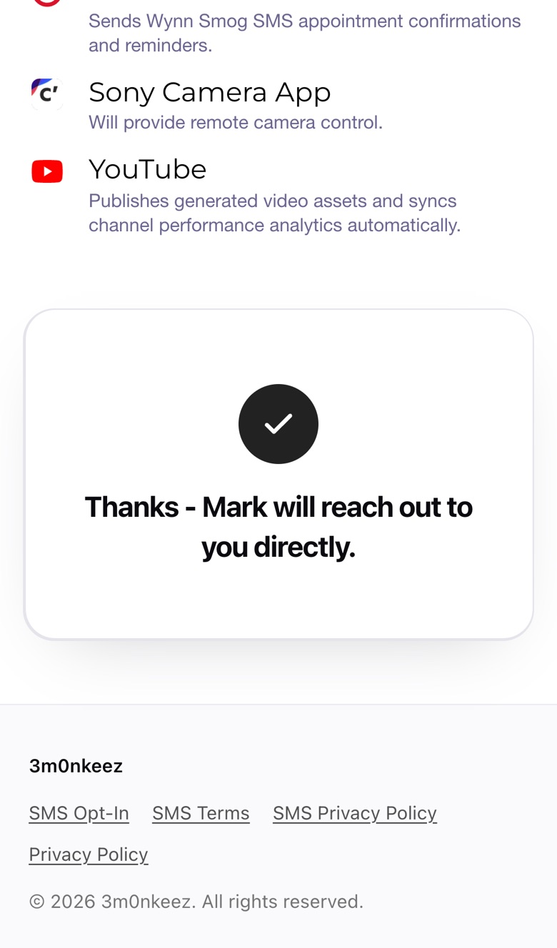 3m0nkeez thank-you message shown after the form is submitted (test details)